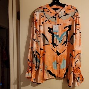 Ming Wang Orange and Black Abstract Blouse